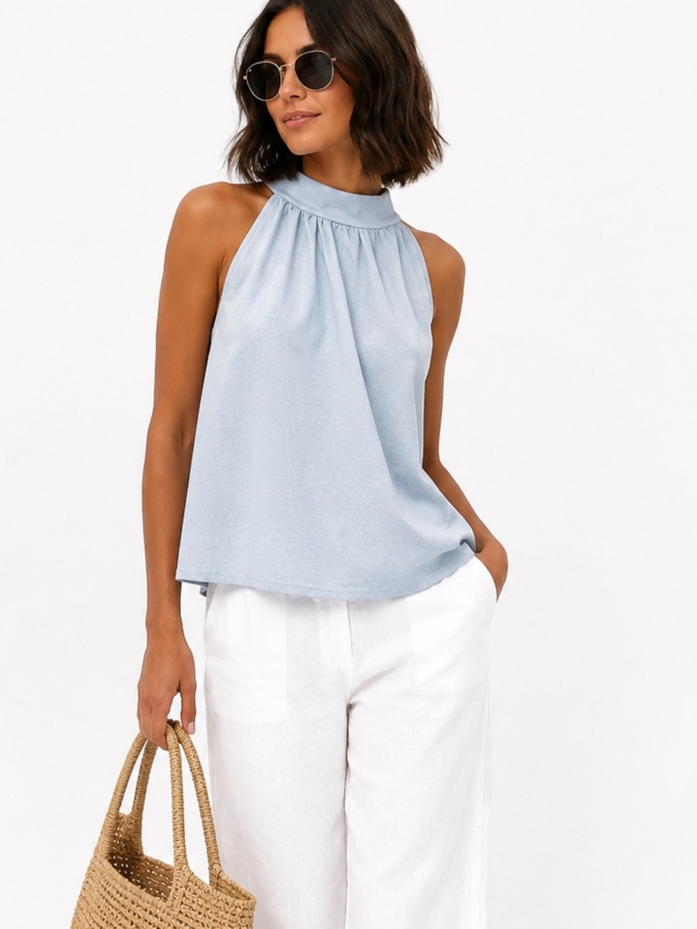 Jude Connally Light Blue Sleeveless Halter Top Stretch Travel Fabric Size S USA